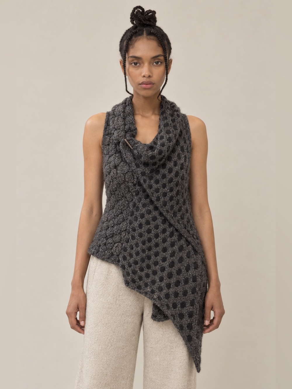 Sarah Pacini $450 Mohair Wool Dot Knit Convertible Wrap Scarf Vest with Pin